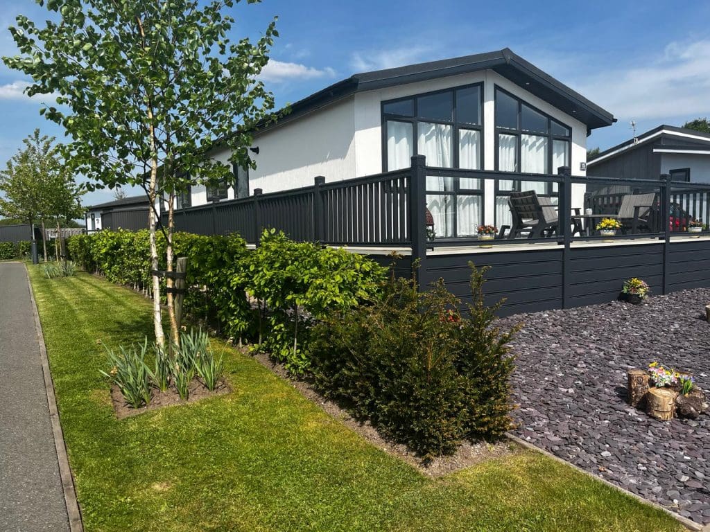 Yard and garden of a residential park home at Gateforth Park