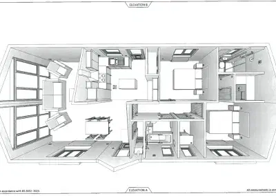 3D floor plan of a modern home showing living room, kitchen, dining area, two bedrooms, and bathrooms with labeled elevations A to D.